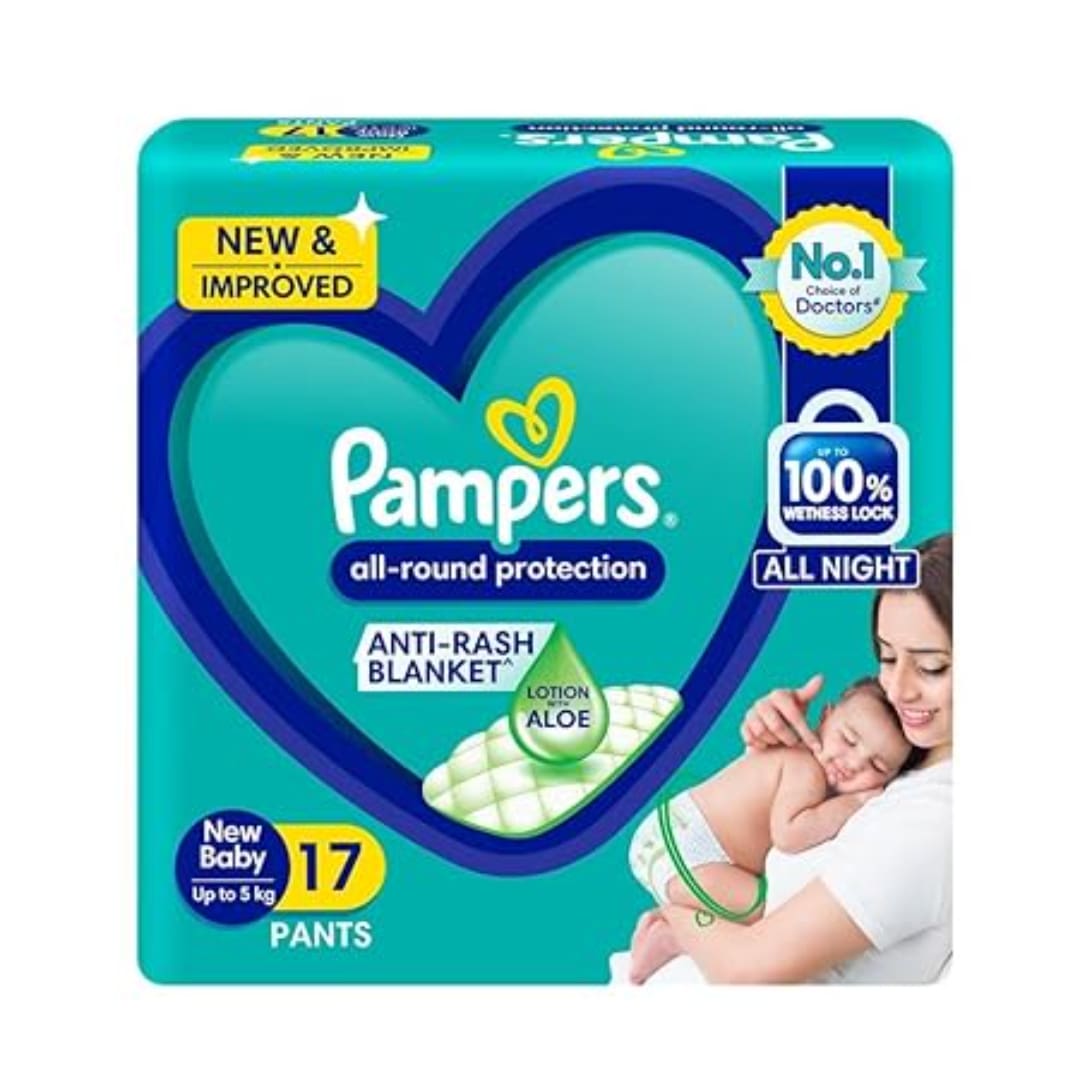 Pampers All round Protection Pants, New Born, Extra Small size baby diapers (NB,XS) 17 Count, Lotion with Aloe Vera