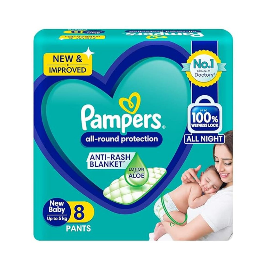 Pampers All round Protection Pants, New Born, Extra Small size baby diapers (NB,XS) 8 Count, Lotion with Aloe Vera