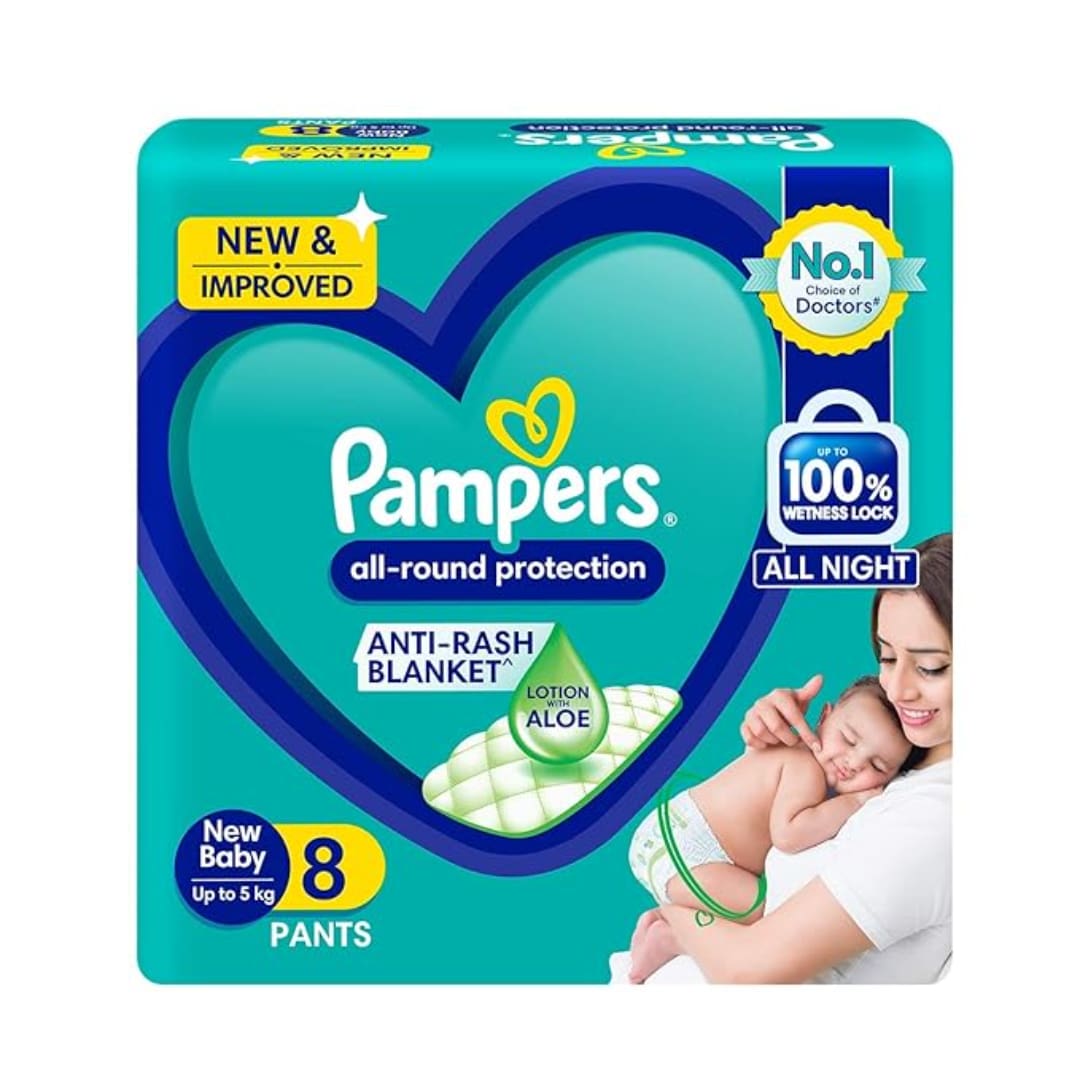 Pampers All round Protection Pants, New Born, Extra Small size baby diapers (NB,XS) 8 Count, Lotion with Aloe Vera