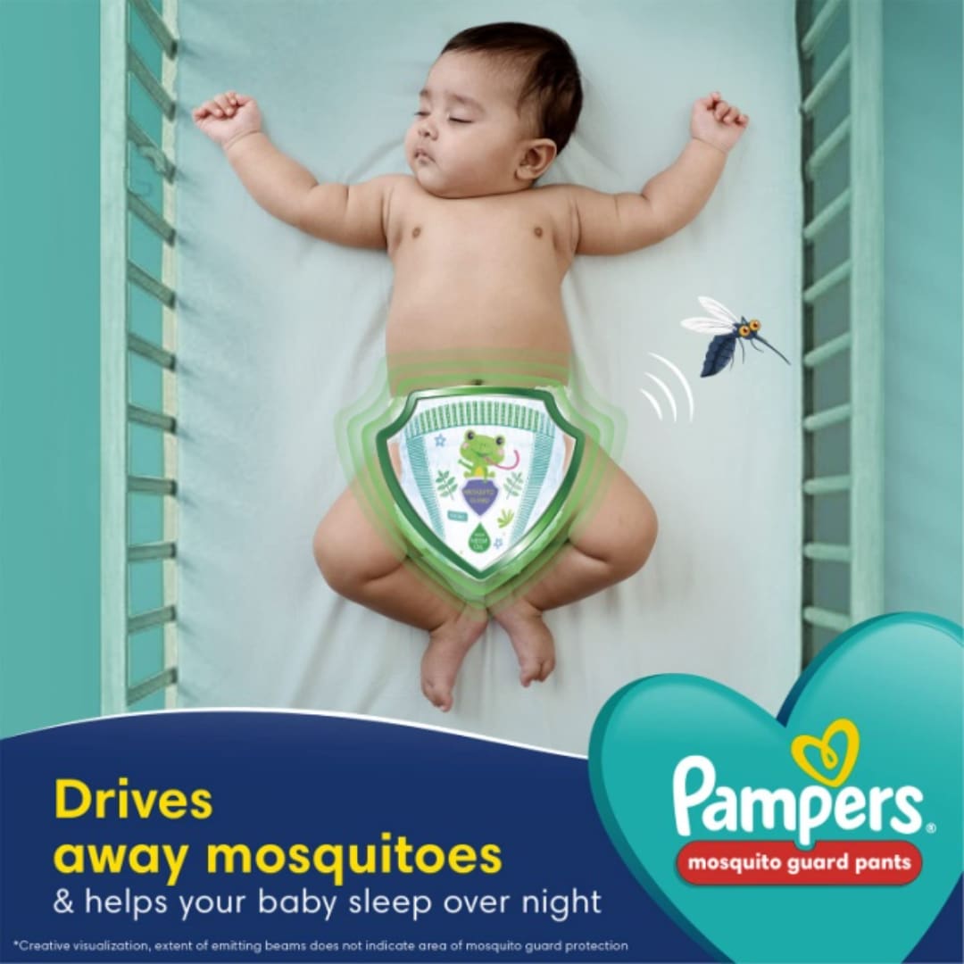 Pampers Mosquito Guard Pants – Extra Large size baby diapers (XL), 46 Count, India’s 1st Mosquito guard diapers, Contains Natural neem oil