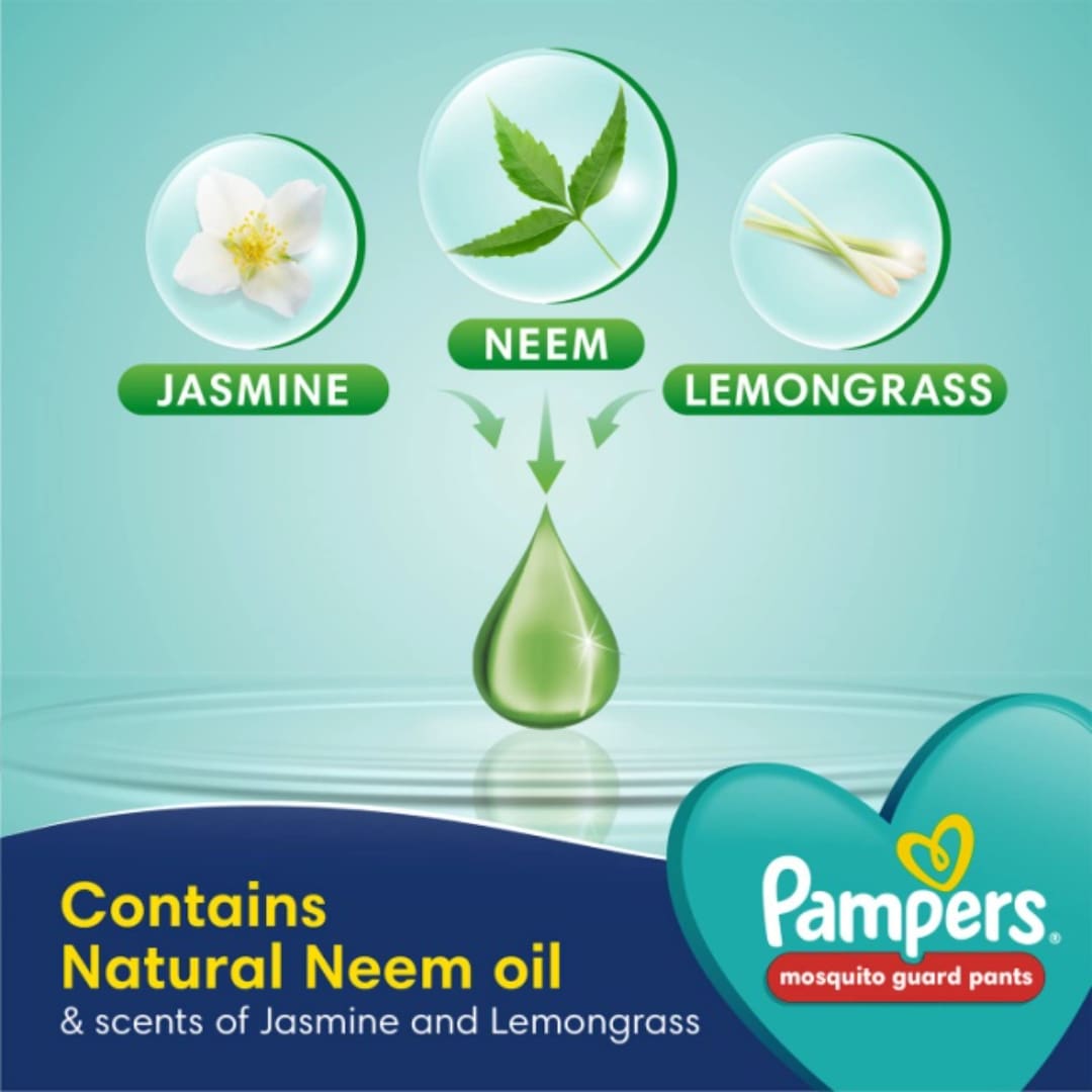 Pampers Mosquito Guard Pants – Extra Large size baby diapers (XL), 46 Count, India’s 1st Mosquito guard diapers, Contains Natural neem oil