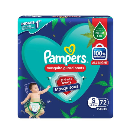 Pampers Mosquito Guard Pants – Small size baby diapers (4-8kg), 72 Count, India’s 1st Mosquito guard diapers, Contains Natural neem oil