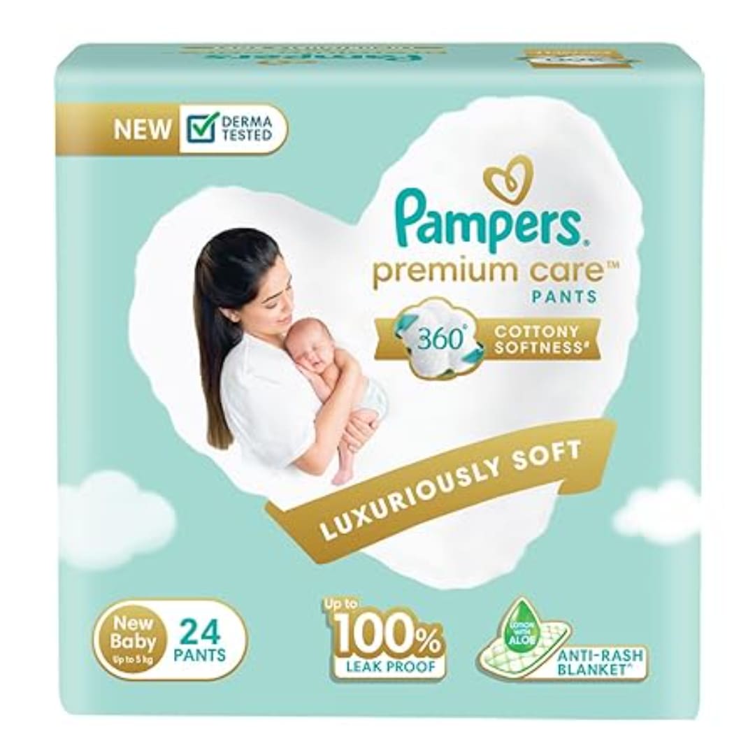 Pampers Premium Care Pant Style Baby Diapers, New Born/X-Small (NB/XS), 24 Count, All -in-1 Diapers with 360 Cottony Softness, Upto 5 Kg Diapers