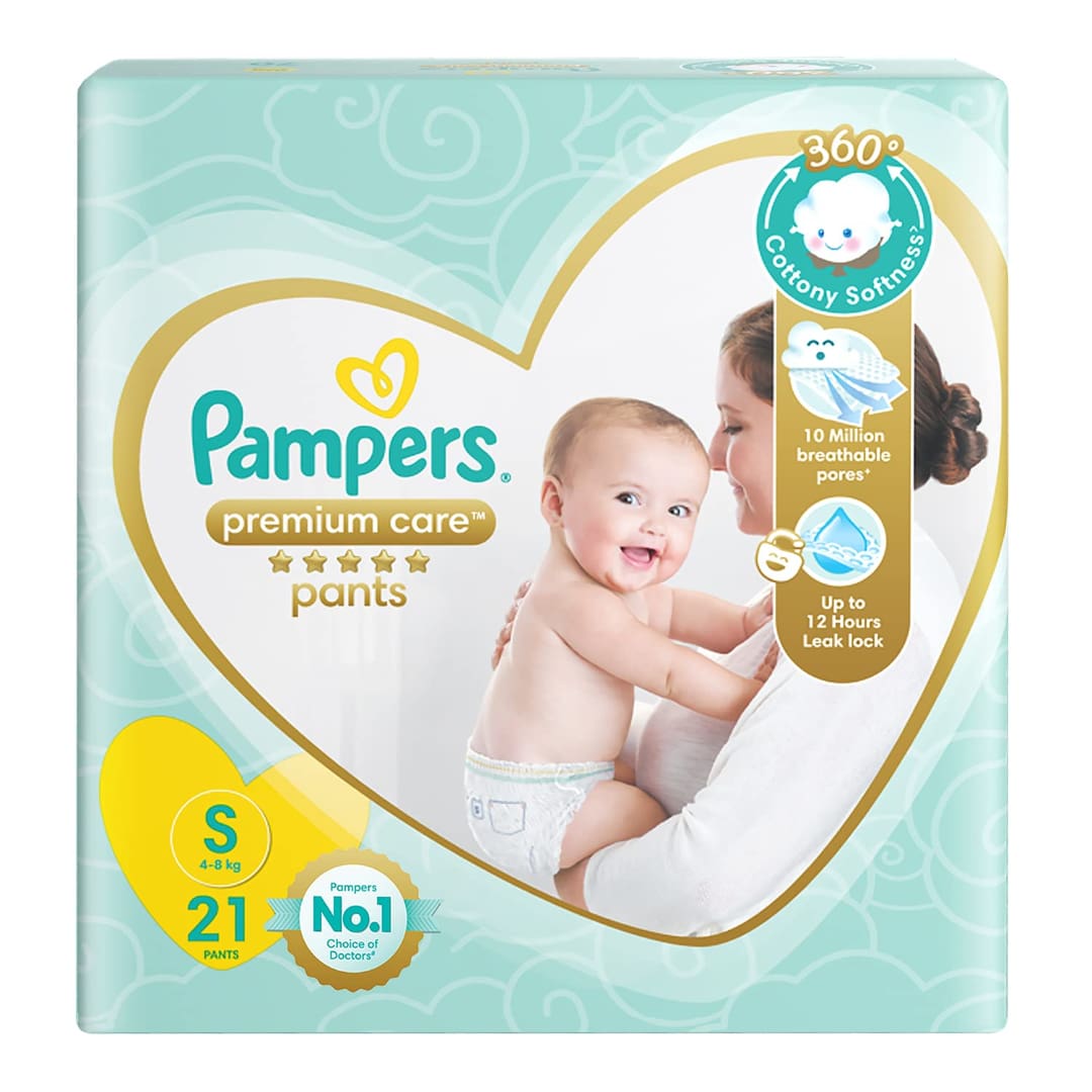 Pampers Premium Care Pant Style Baby Diapers, Small (S), 21 Count, All -in-1 Diapers with 360 Cottony Softness, 4-8 Kg Diapers
