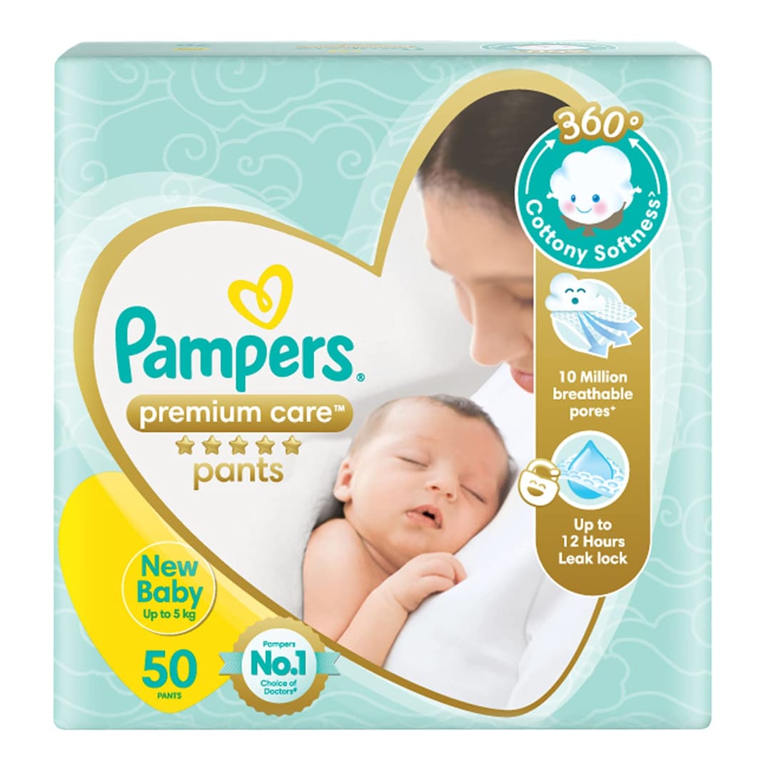 Pampers Premium Care Pants, New Born/Extra Small (NB/XS) Size, Pant Style Baby Diapers, All-in-1 Diapers with 360 Cottony Softness, Up to 5kg Diapers, 50 counts