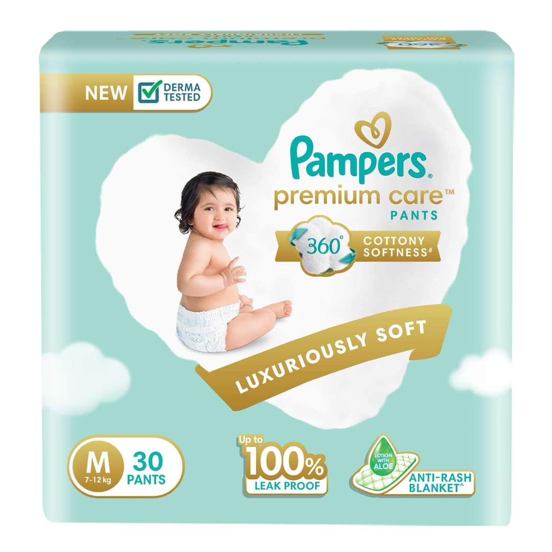 Pampers Premium Care Pants Style Baby Diapers, Medium (M) Size, 30 Count, All-in-1 Diapers with 360 Cottony Softness, 7-12kg Diapers