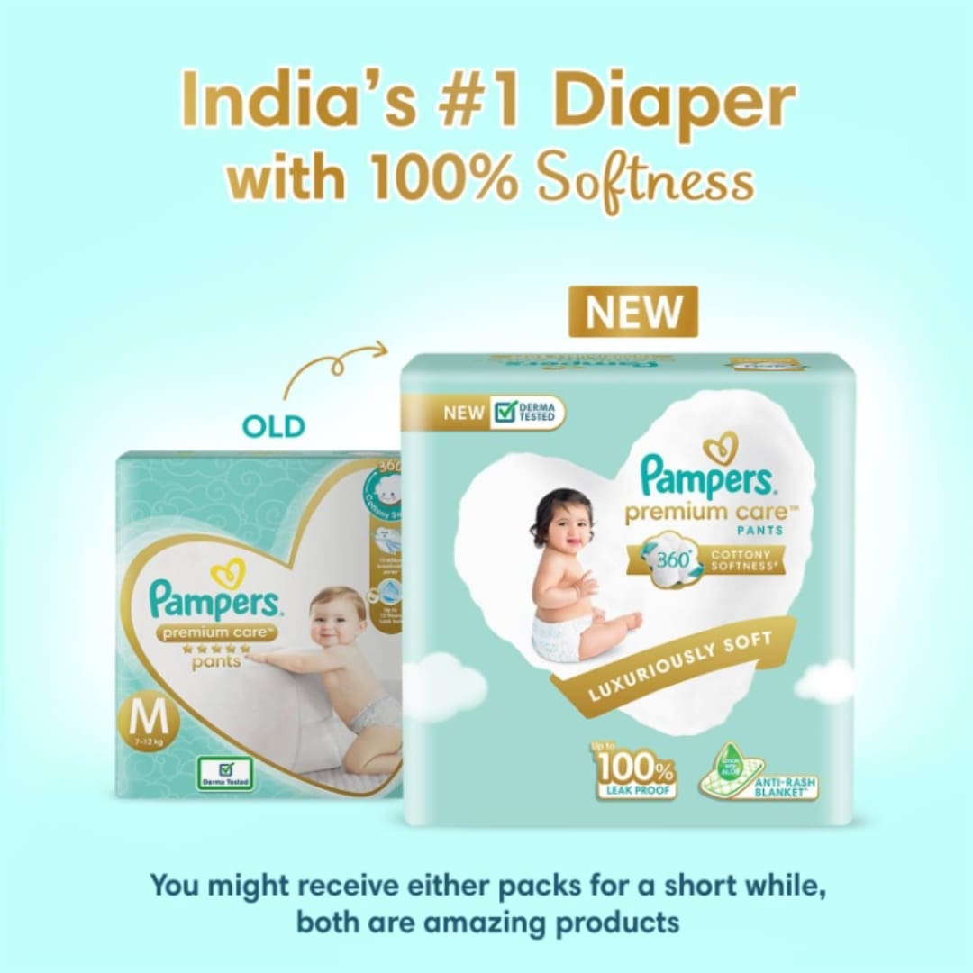 Pampers Premium Care Pants Style Baby Diapers, Medium (M) Size, 30 Count, All-in-1 Diapers with 360 Cottony Softness, 7-12kg Diapers