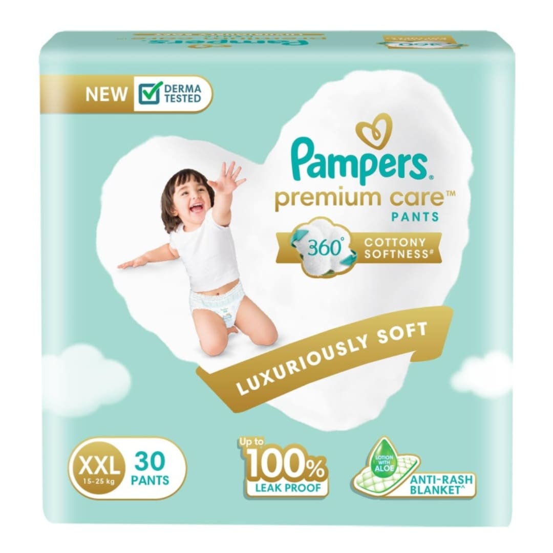 Pampers Premium Care Pants Style Baby Diapers, XX-Large (XXL) Size, 30 Count, All-in-1 Diapers with 360 Cottony Softness, 15-25kg Diapers