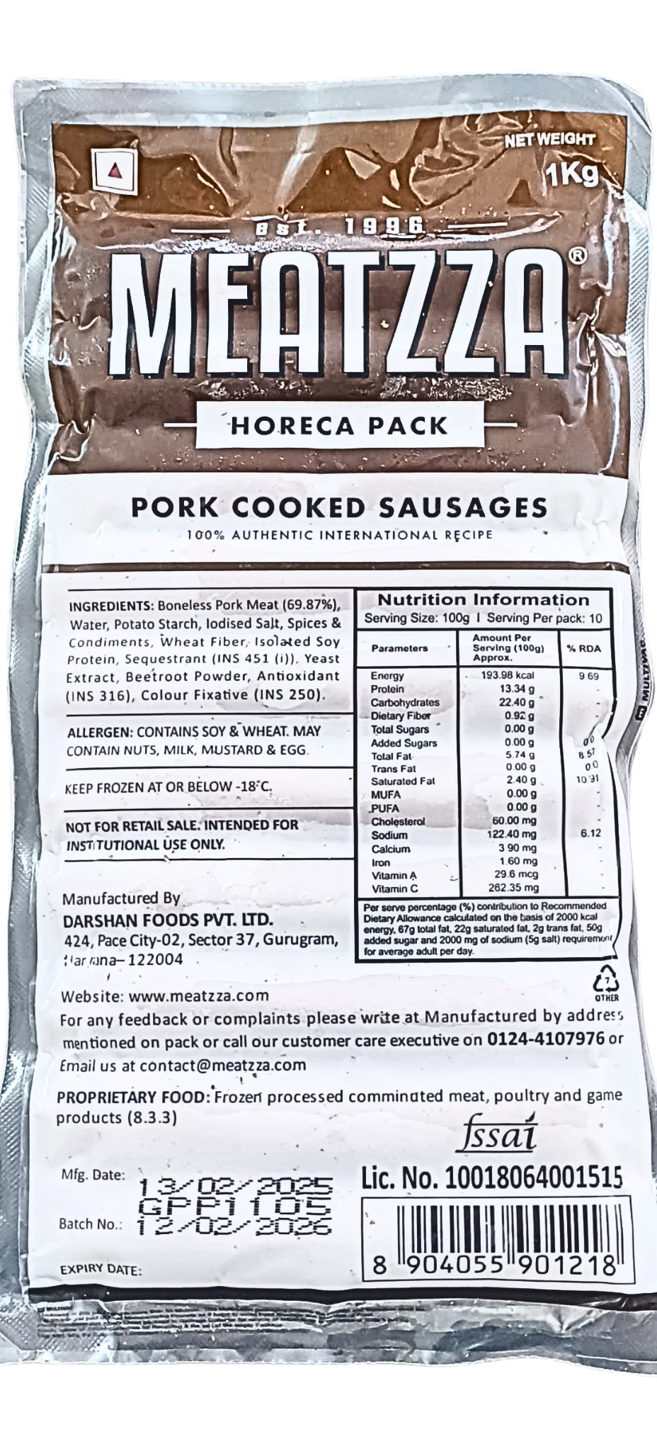Meatzza Pork Cooked Sausages - 1Kg