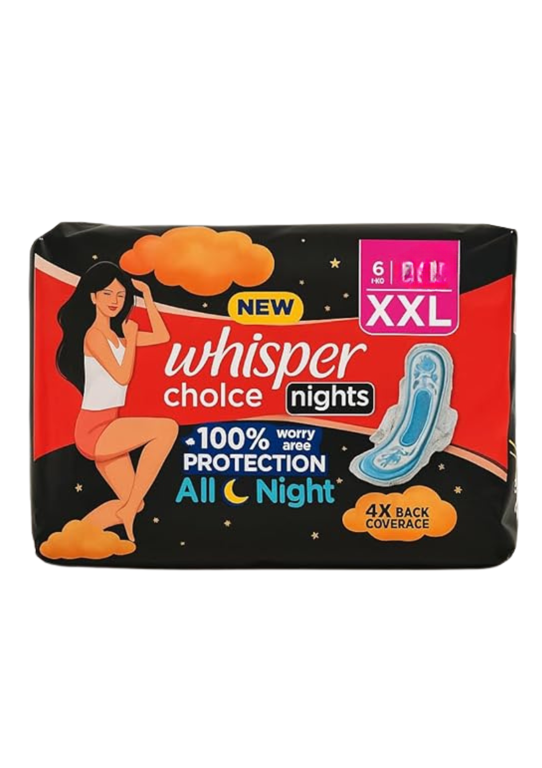 Whisper Choice Nights Sanitary Pads - XXL, 6 pcs