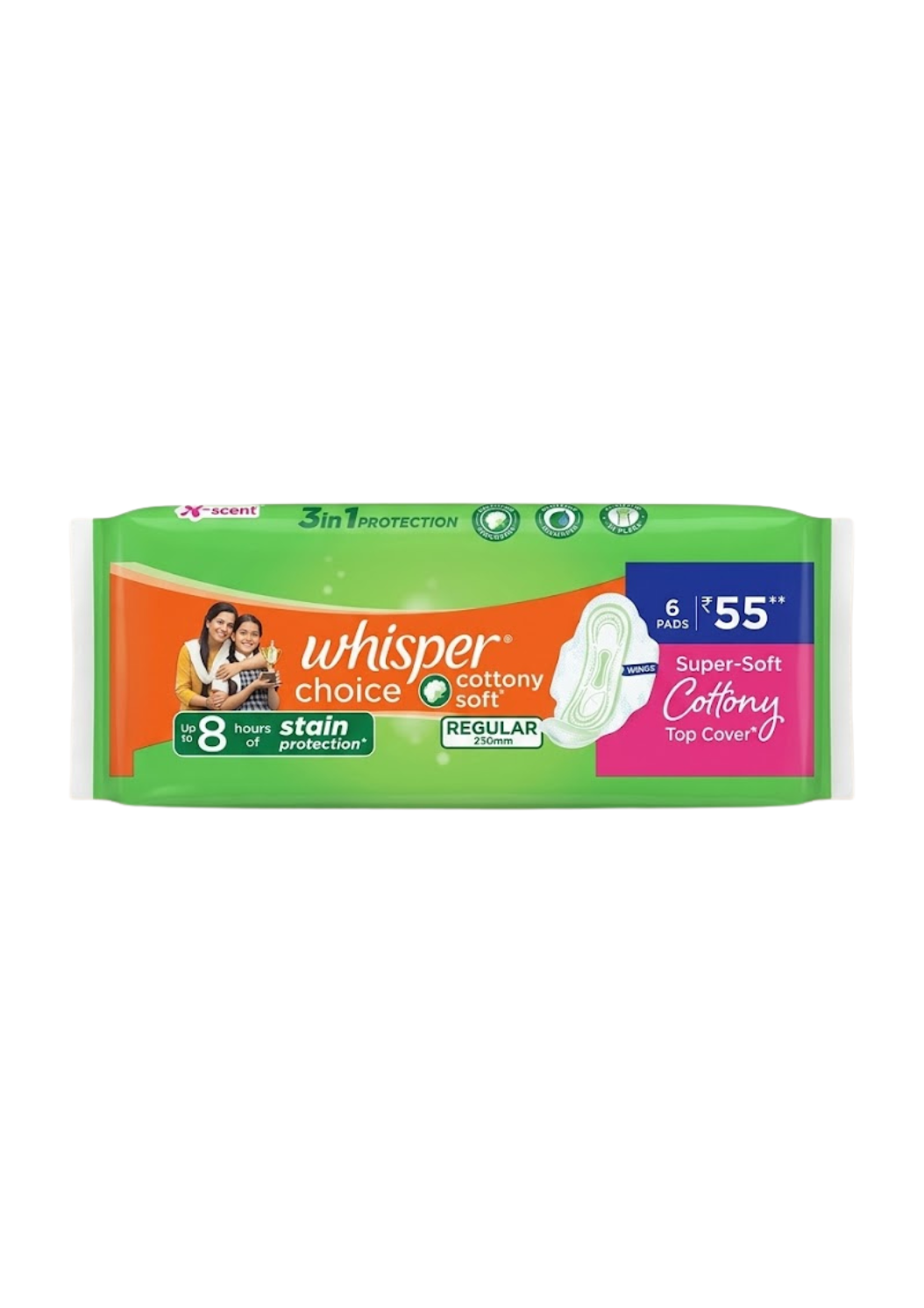Whisper Choice Cotton Soft Regular, Cottony Top Cover Regular 6 Pads