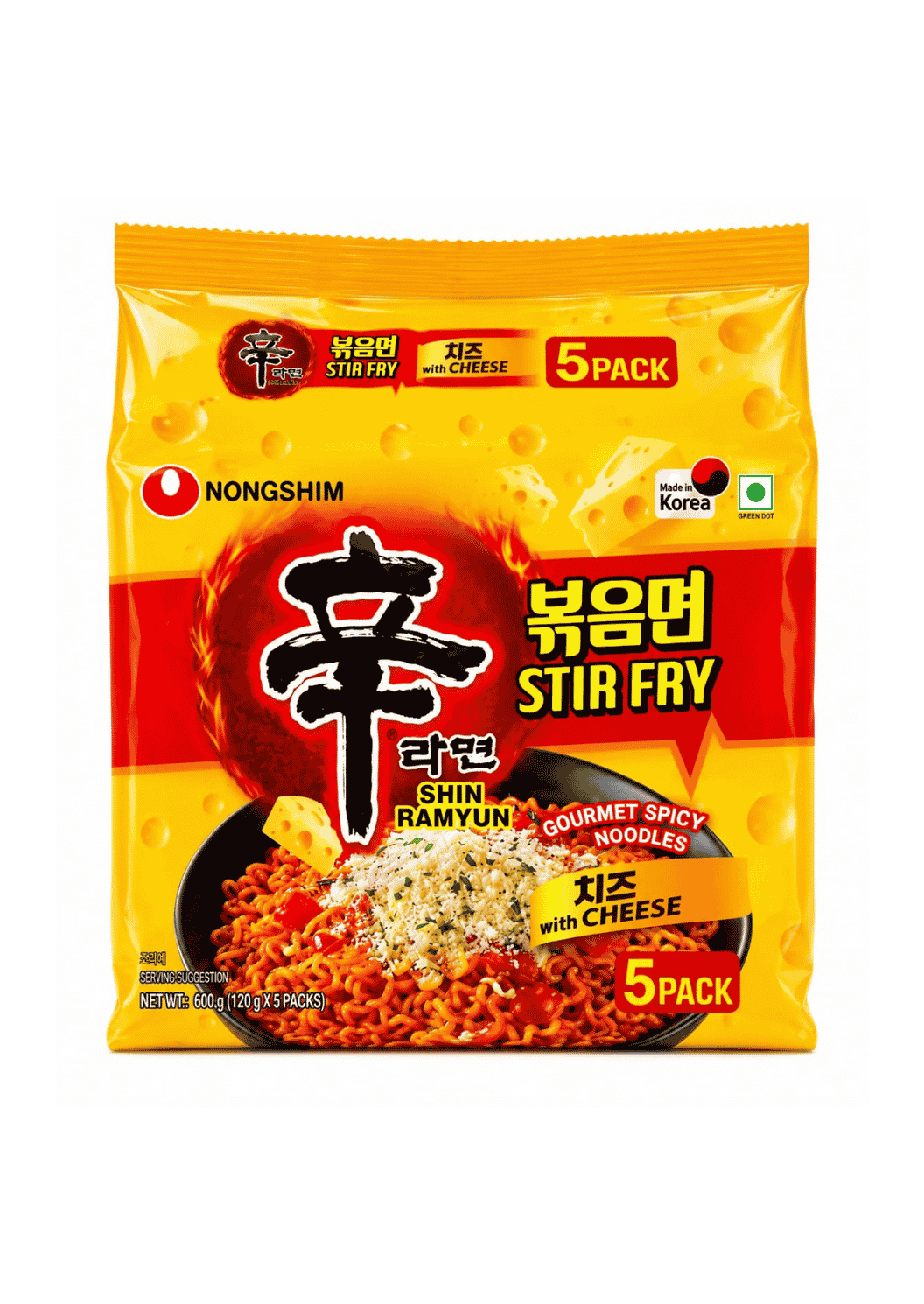 Nongshim Stir Fry Shin Ramyun Gourmet Spicy Noodles with Cheese, 5 Packs
