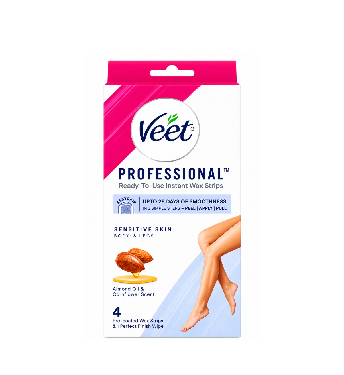 Professional Instant Wax Strips Kit For Sensitive Skin, 4 Strips, with 1 Perfect Finish Wipes