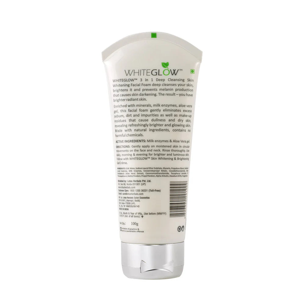 Lotus Herbals, WhiteGlow 3 In 1 Deep Cleansing Skin Brightening Facial Foam, 100g