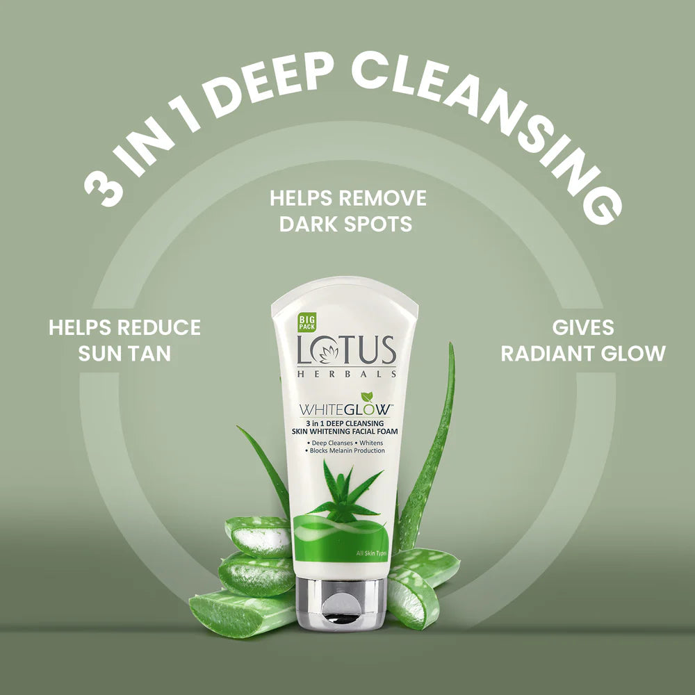 Lotus Herbals, WhiteGlow 3 In 1 Deep Cleansing Skin Brightening Facial Foam, 100g