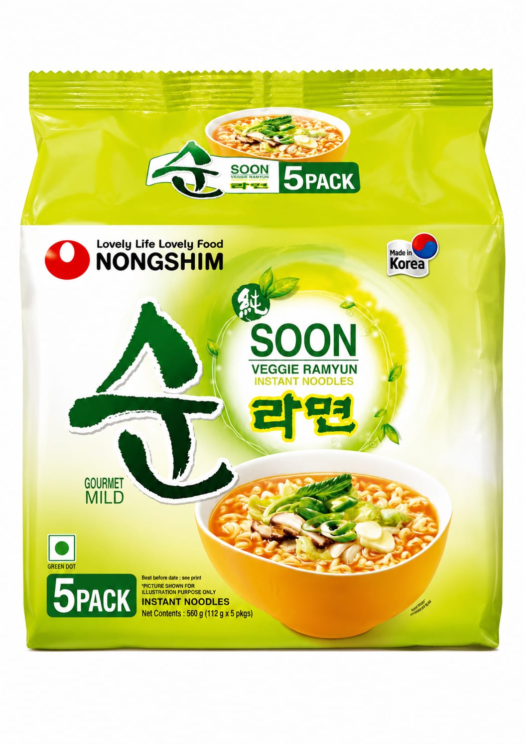 Nongshim Soon Veggie Ramyun, Gourment Mild, 5 Pack