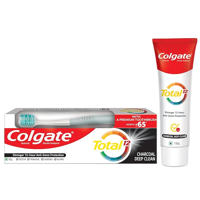 Colgate Total 150Gm Charcoal Deep Clean Antibacterial Toothpaste, (Combo Pack Offer, Soft Toothbrush)