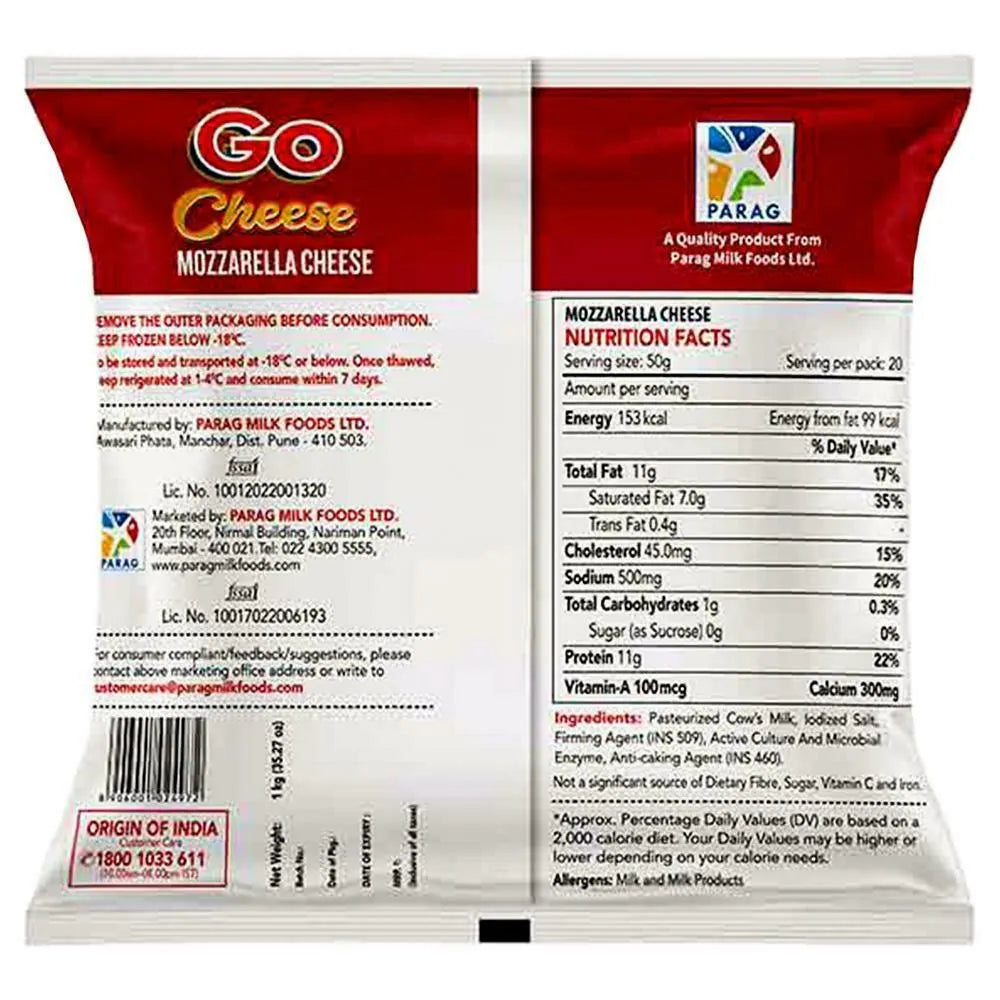 Go Mozzarella Shredded Cheese, 1 kg (Pouch)