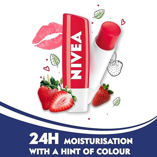 NIVEA Strawberry Shine 4.8g Lip Balm|24 H Melt in Moisture Formula|Natural Oils|Glossy Finish