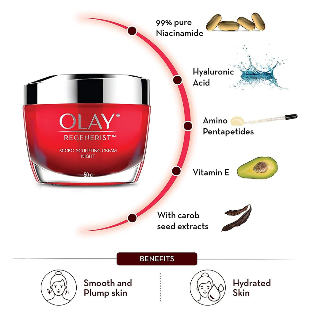 Olay Regenerist Micosculpting Night Cream | Hydrated, Plump, Bouncy Skin | With Hyaluronic Acid, Niacinamide and Peptides | Normal, Oily, Dry, Combination Skin | 50g