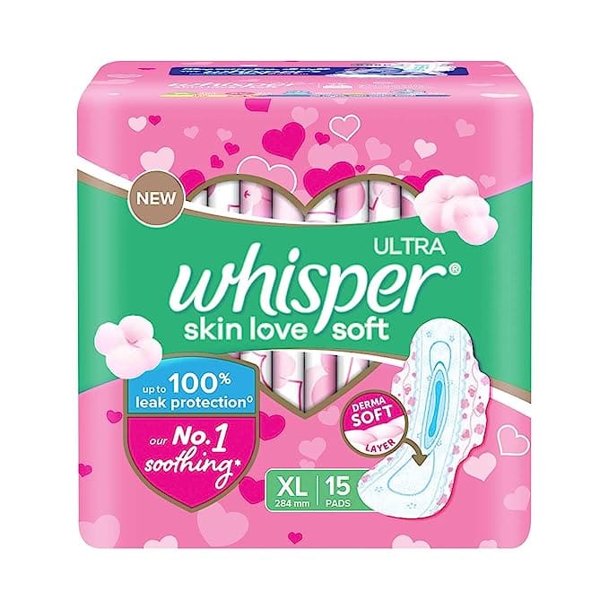 Whisper Ultra Skinlove Soft Sanitary Pads for Women|15 thin Pads| XL| Cottony soft | Soft top sheet| Irritation free |28.4 cm Long| With disposable wrap