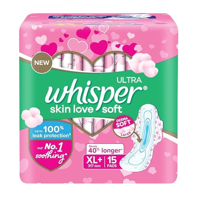 Whisper Ultra Skinlove Soft Sanitary Pads for Women|15 thin Pads |XL+|Cottony soft| our #1 Softness| Soft top sheet| Irritation free |31.7 cm Long| With disposable wrap