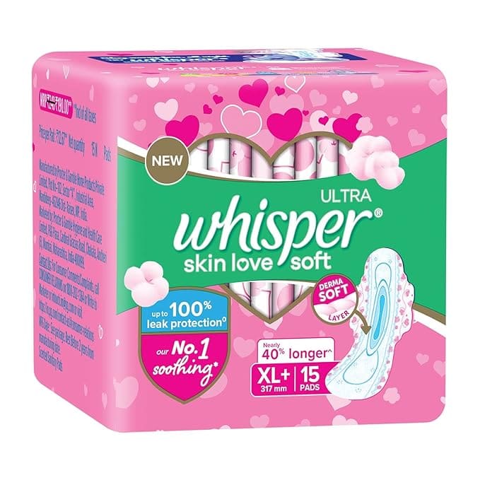 Whisper Ultra Skinlove Soft Sanitary Pads for Women|15 thin Pads |XL+|Cottony soft| our #1 Softness| Soft top sheet| Irritation free |31.7 cm Long| With disposable wrap