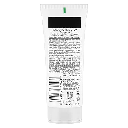 POND'S Pure Detox Face Wash 100 g, Daily Exfoliating & Brightening Cleanser, Deep Cleans Oily Skin - With Activated Charcoal for Fresh, Glowing Skin