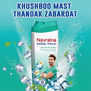 Navratna Cool Talc Active Deo | Talcum Powder | Body Odour Protection & Strong Cooling Effect | Long Lasting Freshness & Fragrance, 100gm