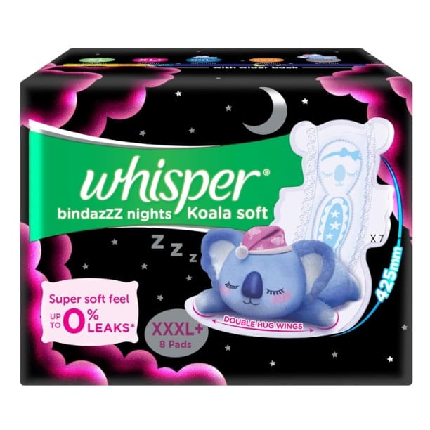 Whisper Bindazzz Night Koala Soft Sanitary Pads| Pack of 8 Pads| XXXL+| upto 0% Leaks|85% Longer & wider back| Super Soft topsheet| Double hug wings| Irritation free|42.5 cm Long| With disposable wrap