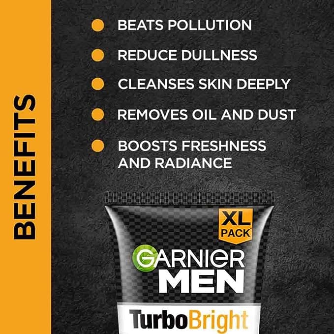 Garnier Men, Face Wash, Brightening & Anti-Pollution, TurboBright Double Action, 150 g