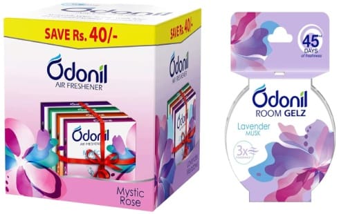 Odonil Bathroom Air Freshener Blocks Mixed Fragrances - 48g (Pack of 4) & Odonil Room Freshening Gelz Lavender Musk 75g