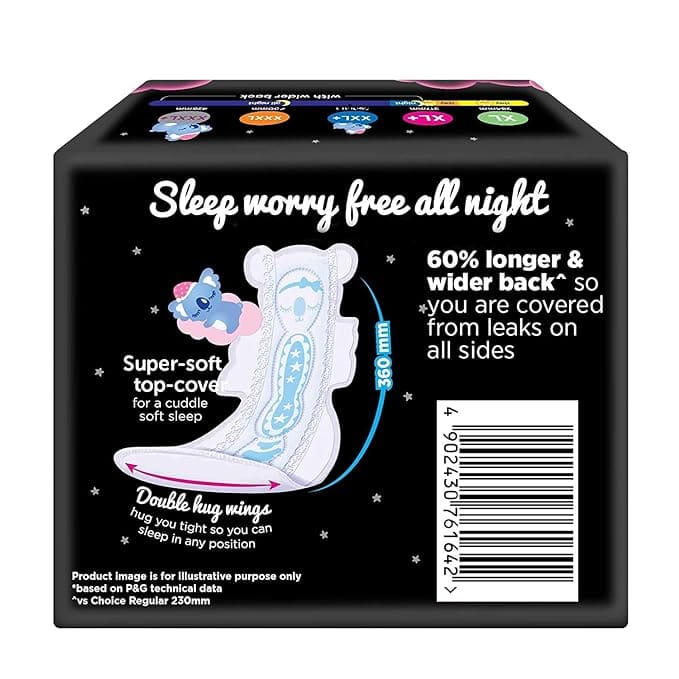 Whisper Bindazzz Night Koala Soft Sanitary Pads| Pack of 8 Pads| XXXL+| upto 0% Leaks|85% Longer & wider back| Super Soft topsheet| Double hug wings| Irritation free|42.5 cm Long| With disposable wrap