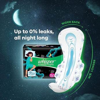 Whisper Bindazzz Night Sanitary Pads| Pack of 15 thin Pads| XL+| upto 0% Leaks|40% Longer & Wider back| Dry top sheet| Long lasting coverage| Faster absorption|31.7 cm Long| With disposable wrap