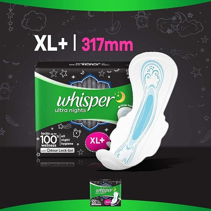 Whisper Bindazzz Night Sanitary Pads| Pack of 15 thin Pads| XL+| upto 0% Leaks|40% Longer & Wider back| Dry top sheet| Long lasting coverage| Faster absorption|31.7 cm Long| With disposable wrap