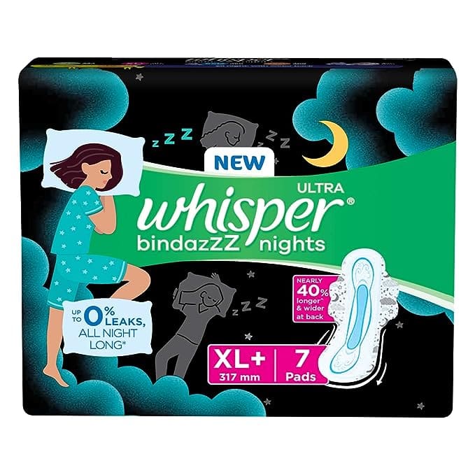 Whisper Bindazzz Night Sanitary Pads, XL+ 7 Count
