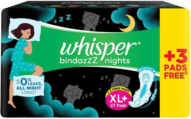 Whisper Ultra Bindazzz Nights Sanitary Pads XL+, 30 Count