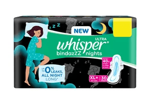 Whisper Ultra Bindazzz Nights Sanitary Pads XL+, 30 Count