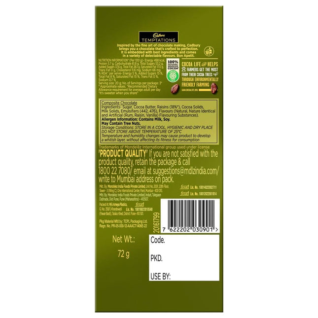 Cadbury Temptations Rum & Raisins Premium Chocolate Bar, 72gm