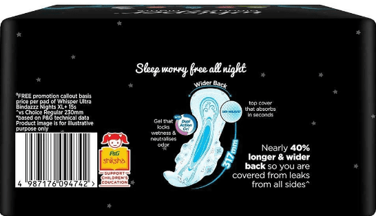 Whisper Ultra Bindazzz Nights Sanitary Pads XL+, 30 Count