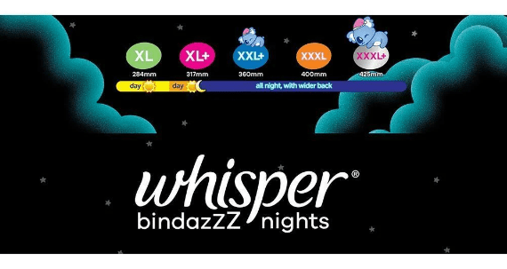 Whisper Ultra Bindazzz Nights Sanitary Pads XL+, 30 Count
