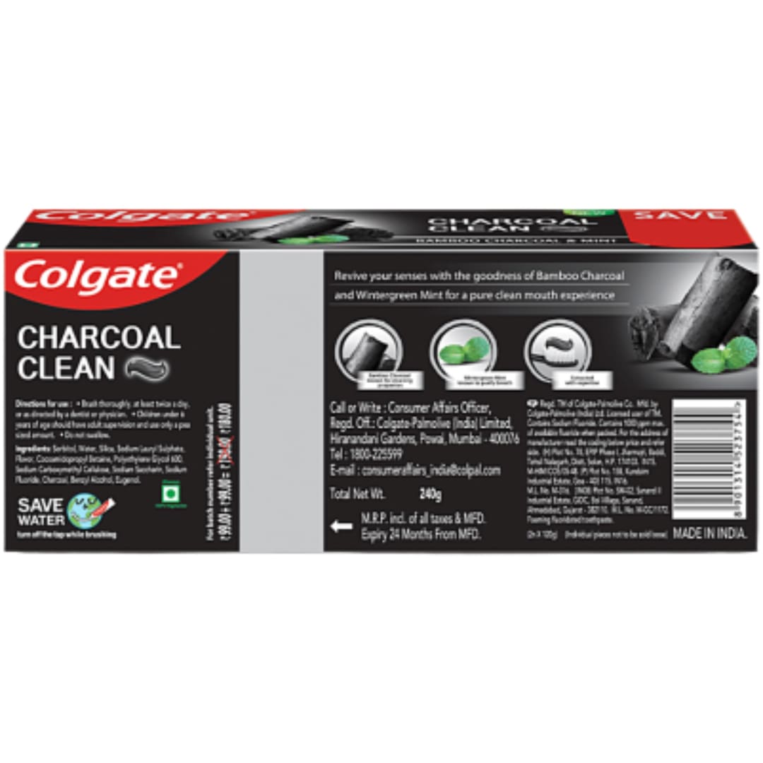 Colgate Charcoal Clean Gel Toothpaste - Bamboo Charcoal & Mint, 2 x 120 g