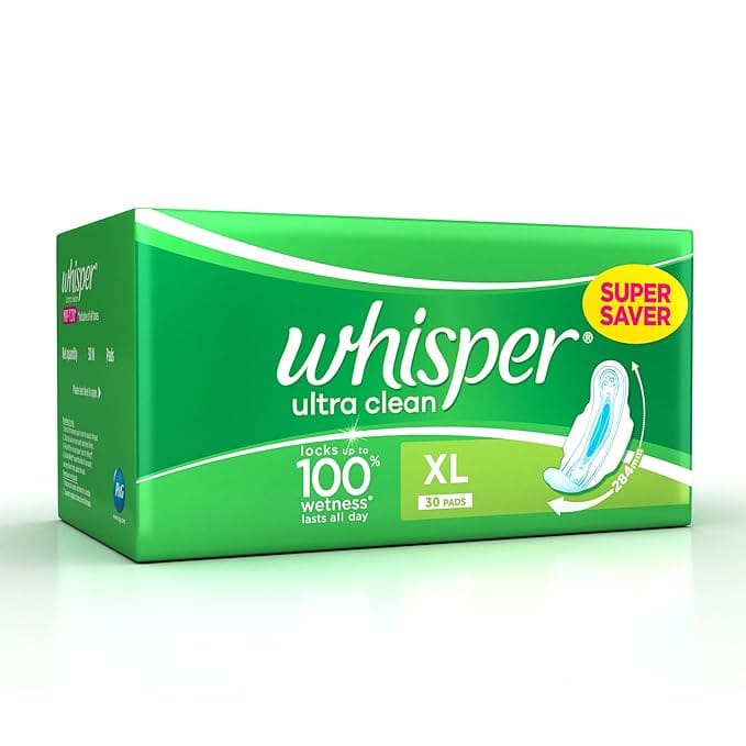 Whisper Ultra Clean Sanitary Pads XL Wings - 30 Piece Pack