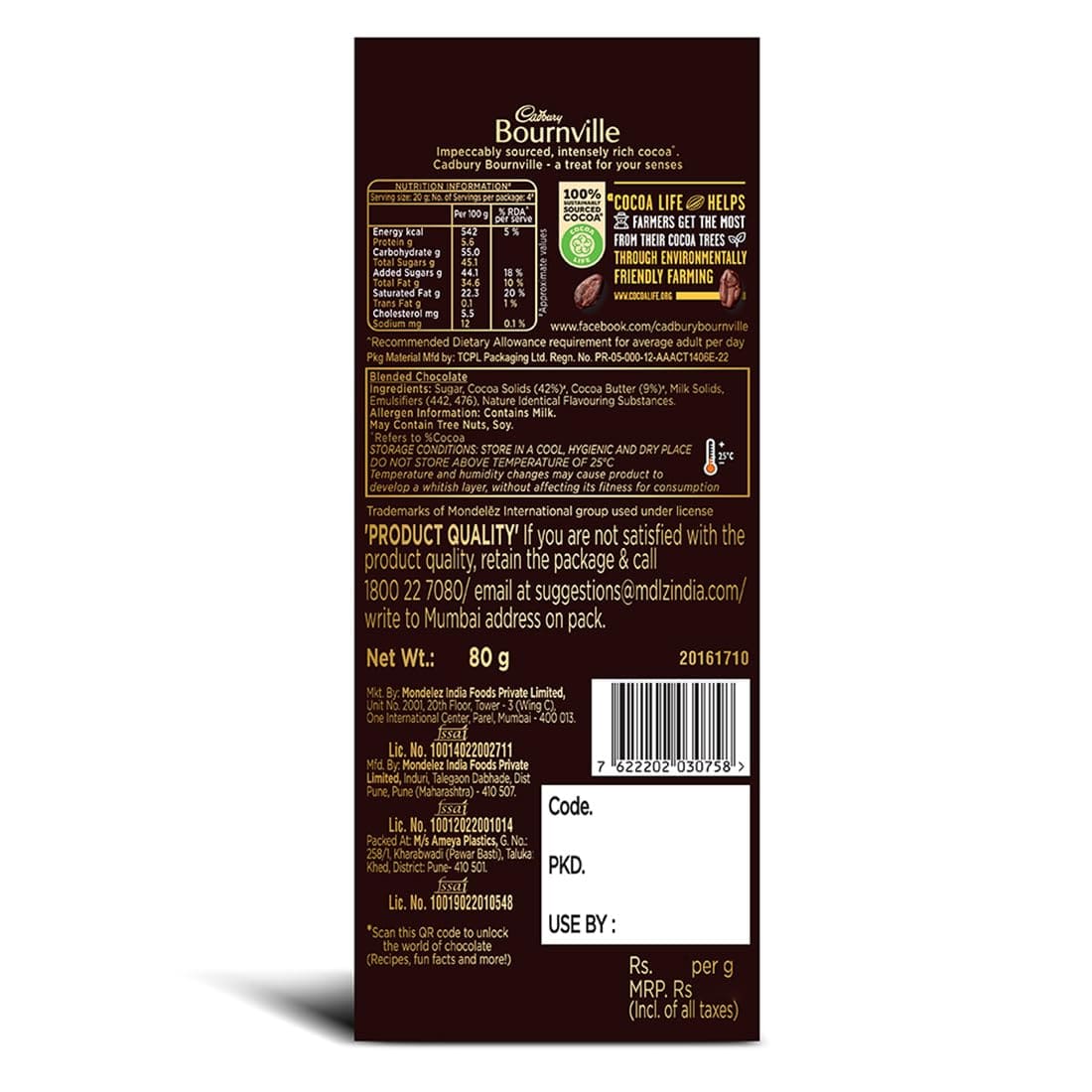 Cadbury Bournville Rich Cocoa Dark Chocolate Bar, 80 gm