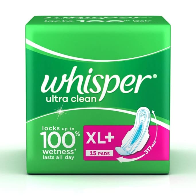 Whisper Ultra Clean Sanitary Pads for Women, XL+ 15 Napkins