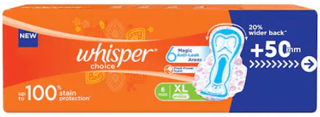 Whisper Choice Sanitary Pads for Women, XL, 6 Napkins