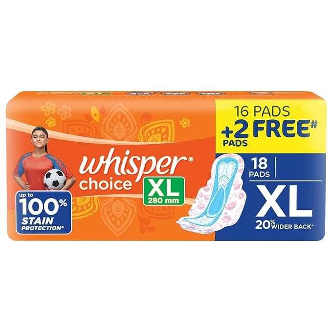 Whisper Choice XL Sanitary Pads| Pack of 18 thick Pads| XL| upto 100% Stain protection| side safe Wings| 28 cm Long