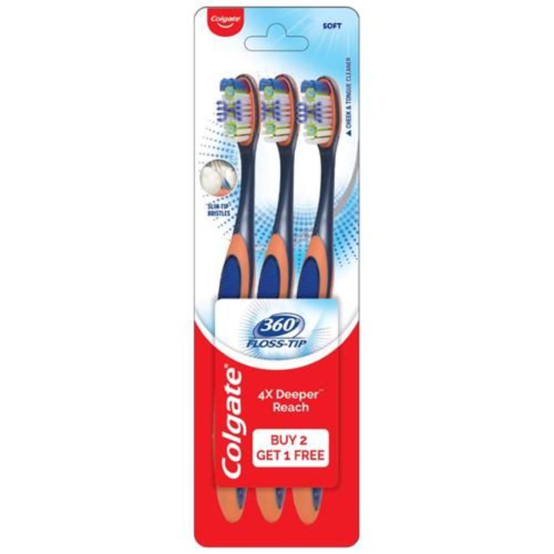 Colgate Toothbrush - 360 Degree Flosstip, Medium Bristles, 2 pcs Buy 2 Get 1 Free