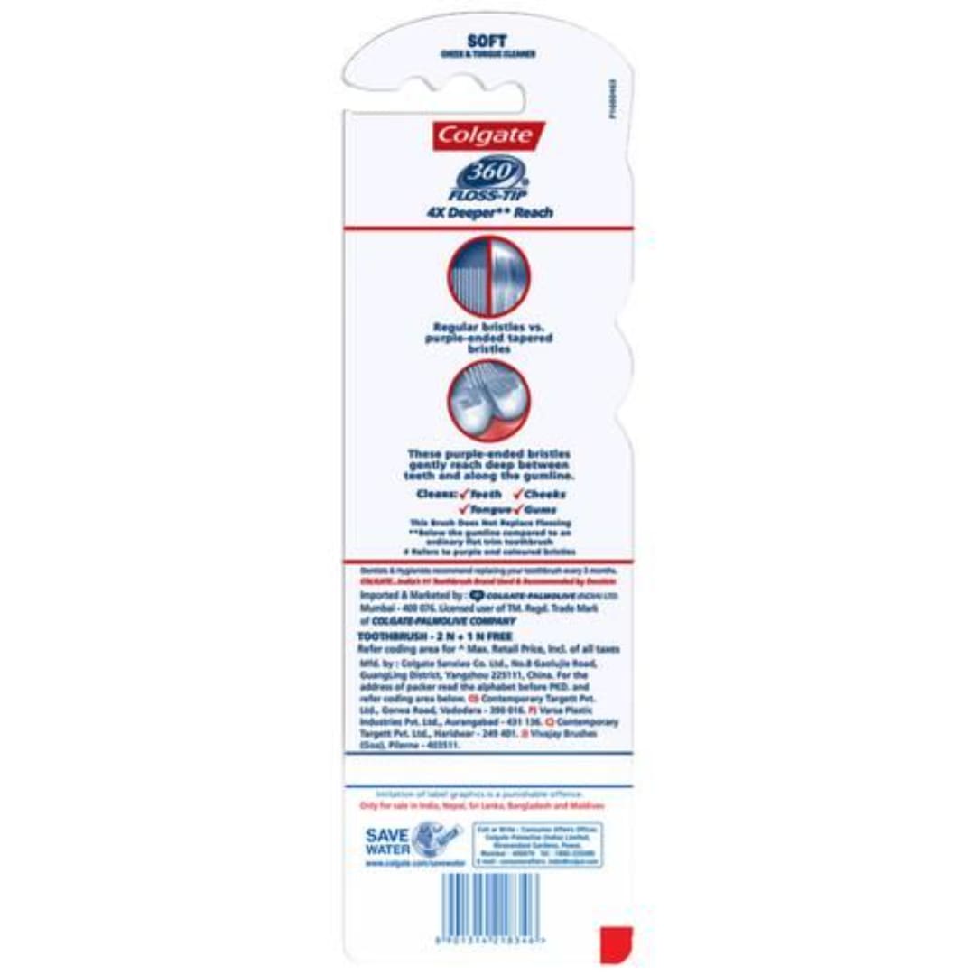 Colgate Toothbrush - 360 Degree Flosstip, Medium Bristles, 2 pcs Buy 2 Get 1 Free