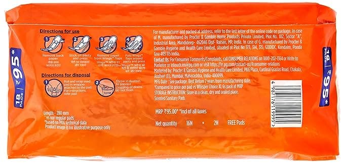 Whisper Choice XL Sanitary Pads| Pack of 18 thick Pads| XL| upto 100% Stain protection| side safe Wings| 28 cm Long